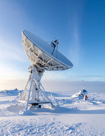 In a vast, frozen expanse under a clear polar sky, a sophisticated satellite dish stands as a silent sentinel, tirelessly gathering data and connecting this remote corner of the world to the global n.の素材