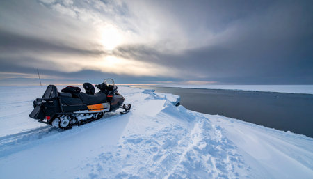 A lone snowmobile rests on the edge of a vast, frozen sea under a dramatic arctic sky.の素材