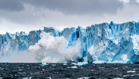 With a thunderous roar, a massive wall of ancient ice collapses into the frigid ocean, a powerful and dramatic display of nature's force.の素材