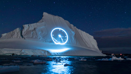 A luminous clock face projected onto a colossal iceberg under a starry night sky serves as a powerful and urgent metaphor for the climate crisis.の素材