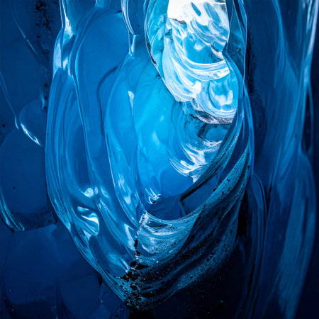 A close-up view inside a glacier reveals stunning, abstract patterns of deep blue ice.の素材