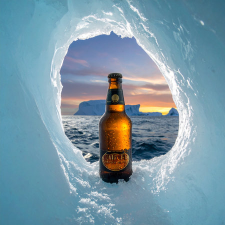A refreshing bottle of beer perfectly chilled in a natural ice cave frame, overlooking a stunning arctic sunset over the ocean. A perfect reward after a day of polar exploration and adventure.の素材