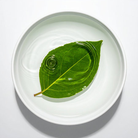 A single, vibrant green leaf rests in a pristine white dish, holding a perfectly formed ripple of clear, hydrating gel.の素材