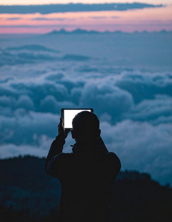 A silhouette of a person stands on a mountain peak at sunrise, holding a glowing tablet above a vast sea of clouds.の素材