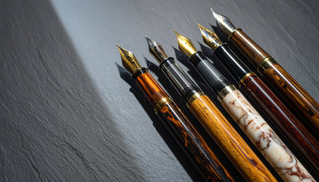 A curated collection of exquisite fountain pens rests on a dark, textured surface, their polished nibs catching the light.の素材