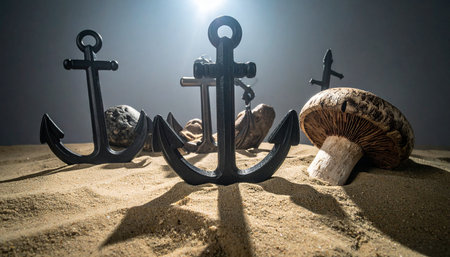In a forgotten realm beneath the waves, ancient anchors stand as silent tombstones in a maritime graveyard.の素材