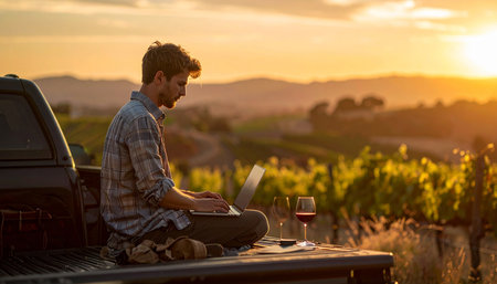 A young entrepreneur combines business with pleasure, working on his laptop from the back of his truck while overlooking a beautiful vineyard at sunset.の素材
