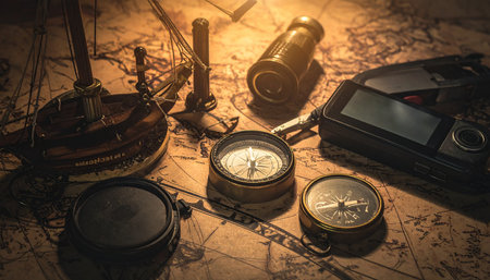 In the warm glow of a lantern, antique navigational tools lay scattered across an old world map.の素材