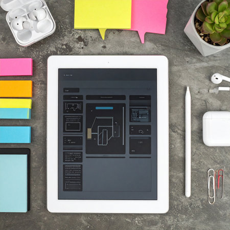 From colorful sticky notes to a polished digital wireframe, this is the modern creative's desk.の素材