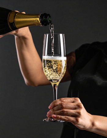 A moment of pure celebration captured as sparkling champagne is poured into an elegant glass. The golden bubbles rise, promising a night of luxury, success, and unforgettable memories.の素材