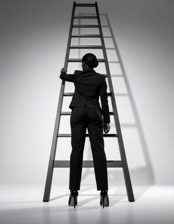 A determined businesswoman in a sharp suit stands at the base of a towering ladder, her hands gripping the rungs.の素材