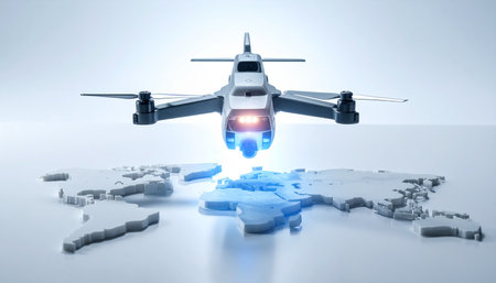 A high-tech autonomous VTOL aircraft hovers over a glowing digital world map, symbolizing the future of global logistics, advanced air mobility, and interconnected supply chains.の素材