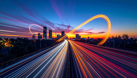 Streams of vibrant light create an infinity loop over a bustling highway, symbolizing the endless flow of data and energy in a futuristic smart city.の素材
