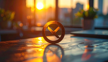 An important email icon sits on a reflective office desk, bathed in the warm, golden light of a city sunset.の素材