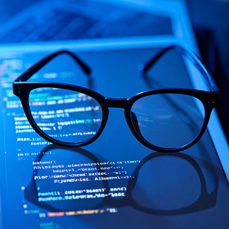 A pair of developer's glasses rests on a tablet after a long night of coding.の素材