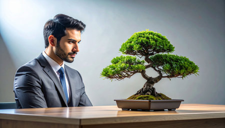 A focused executive in a sharp suit contemplates a meticulously cared-for bonsai tree.の素材