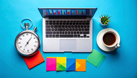 A vibrant, top-down view of a modern workspace captures the essence of peak productivity. A stopwatch ticks beside a laptop displaying financial charts, symbolizing the race against deadlines.の素材