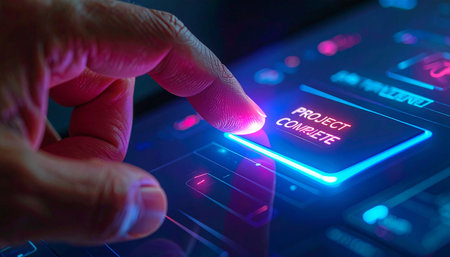 With a decisive touch, a user finalizes a critical task on a glowing, futuristic interface.の素材
