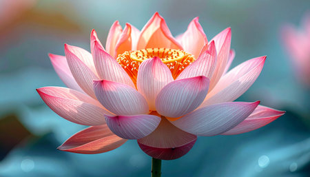 A single, perfect lotus blossom unfolds its delicate pink-tipped petals, revealing a golden center.の素材