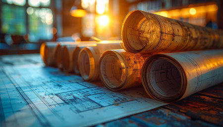 Golden sunset light illuminates a collection of rolled architectural blueprints and vintage scrolls on a designer's desk.の素材