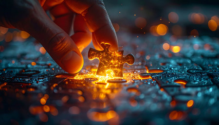In a moment of profound clarity, a hand carefully places the final, luminous piece into a complex puzzle.の素材