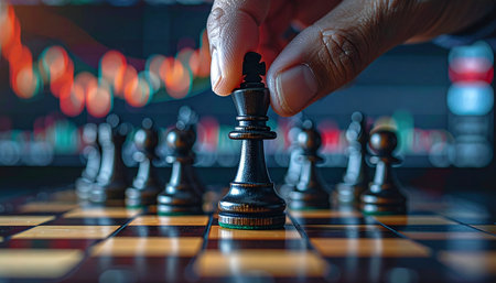 A mastermind investor makes a decisive move, positioning their king on the chessboard.の素材