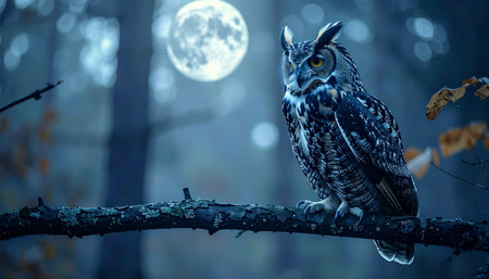 In the deep silence of the enchanted woods, a majestic great horned owl perches on a gnarled branch.の素材