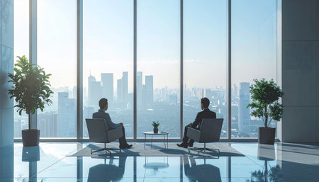 Two businessmen sit in a modern, high-rise office, their silhouettes framed against a panoramic city view.の素材