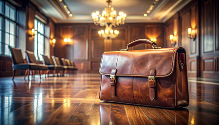 A classic leather briefcase sits on the polished floor of a grand, empty boardroom, its contents holding the key to a pivotal decision.の素材