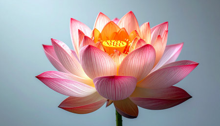 A single lotus flower unfolds its vibrant pink and orange petals against a serene, muted background.の素材