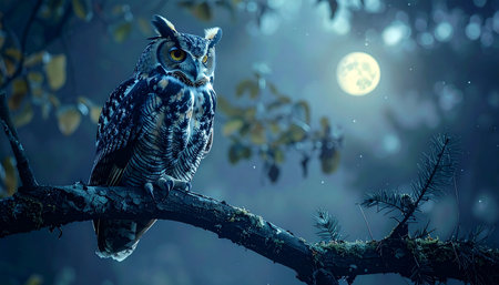 In the heart of a misty forest, a majestic owl sits silently on a gnarled branch, its piercing eyes illuminated by the glow of a full moon.の素材
