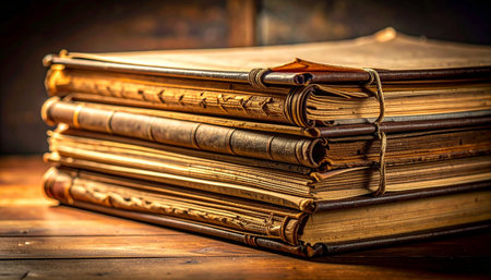 A stack of ancient, leather-bound tomes rests on a wooden table in a dimly lit library.の素材