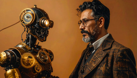 In a workshop filled with the scent of oil and old books, a visionary inventor shares a quiet moment with his greatest creation.の素材