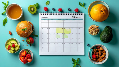 A top-down view of a weekly planner surrounded by a vibrant array of fresh, healthy foods.の素材