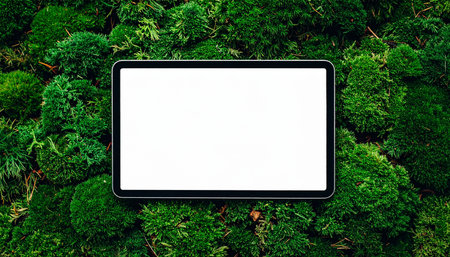 A modern digital tablet with a blank white screen rests on a vibrant, textured bed of green moss.の素材