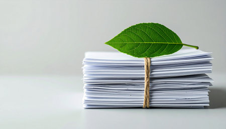 A single fresh green leaf rests on a stack of documents tied with twine, symbolizing a commitment to sustainable business practices and environmental responsibility.の素材