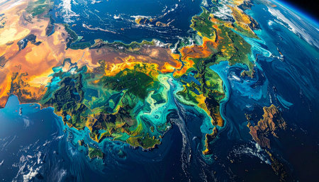 From the quiet of orbit, a dramatic and colorful visualization reveals the complex atmospheric and energy currents swirling over the continent of Asia.の素材