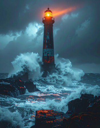 A solitary lighthouse stands firm against the fury of a violent ocean storm.の素材