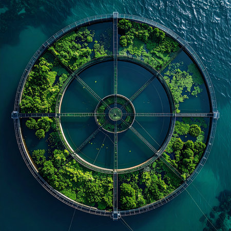 From high above, a stunning top-down view reveals a futuristic circular aquaculture facility, a perfect symbol of sustainable innovation.の素材