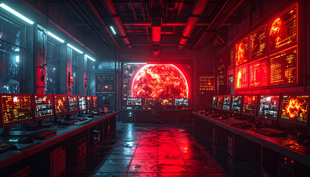 In the heart of a neon-drenched command center, rows of terminals glow ominously. A massive central screen displays a world in crisis, bathed in a red alert.の素材