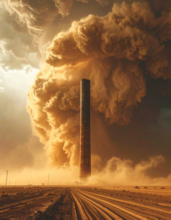 A colossal plume of dust and smoke erupts from a monolithic industrial chimney, engulfing the sky in a dramatic, golden haze.の素材