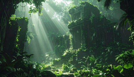 Morning sunbeams pierce through the dense jungle canopy, illuminating a forgotten path and the ancient stone steps of a lost civilization.の素材