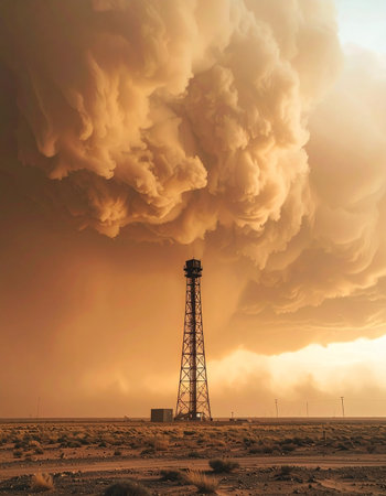 Power plant in the middle of the desert with a dramatic sky.の素材