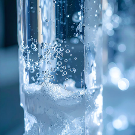 close up of a glass of water with bubbles and bokehの素材