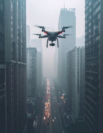 Drone flying over the city in the fog. 3d renderingの素材