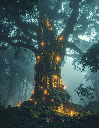Deep within a misty, ancient forest stands a colossal tree, its trunk aglow with the warm light from countless tiny windows.の素材