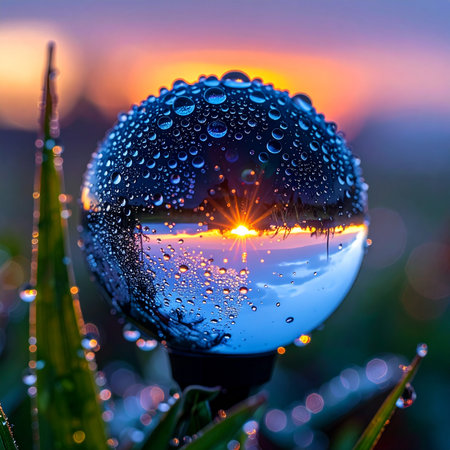 Reflection of sunrise in a glass ball with grass and water dropsの素材