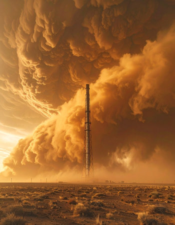 A lone industrial tower stands as a silent monument in a desolate wasteland.の素材