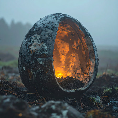 Huge cauldron in the middle of a foggy forest.の素材