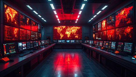 Futuristic interior of the control room with a lot of monitorsの素材